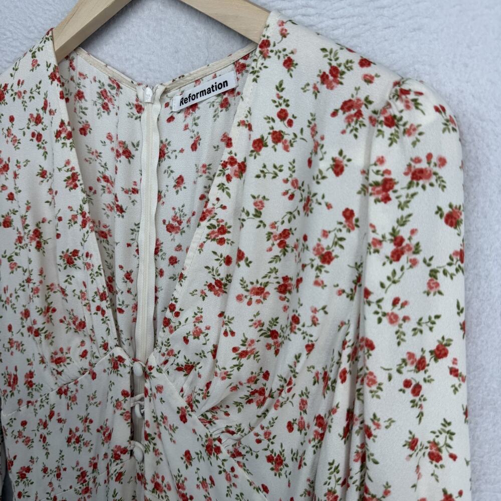 REFORMATION Dress 6 Marina Floral Print Mini Deep V-Neck Puff Sleeve Off White - Picture 2 of 11